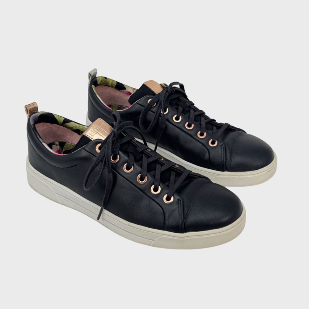 Ted Baker Kellei Shoes Black Leather Floral Low Top Fashion Sneakers US 10